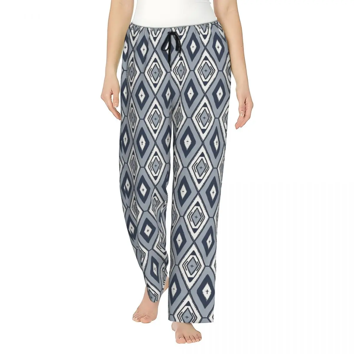 Navy Blue And White Textured Tribal Diamond Women Lounge Pants Comfy Geometric Ink Blue Pyjama Pants Home Pajama Bottoms