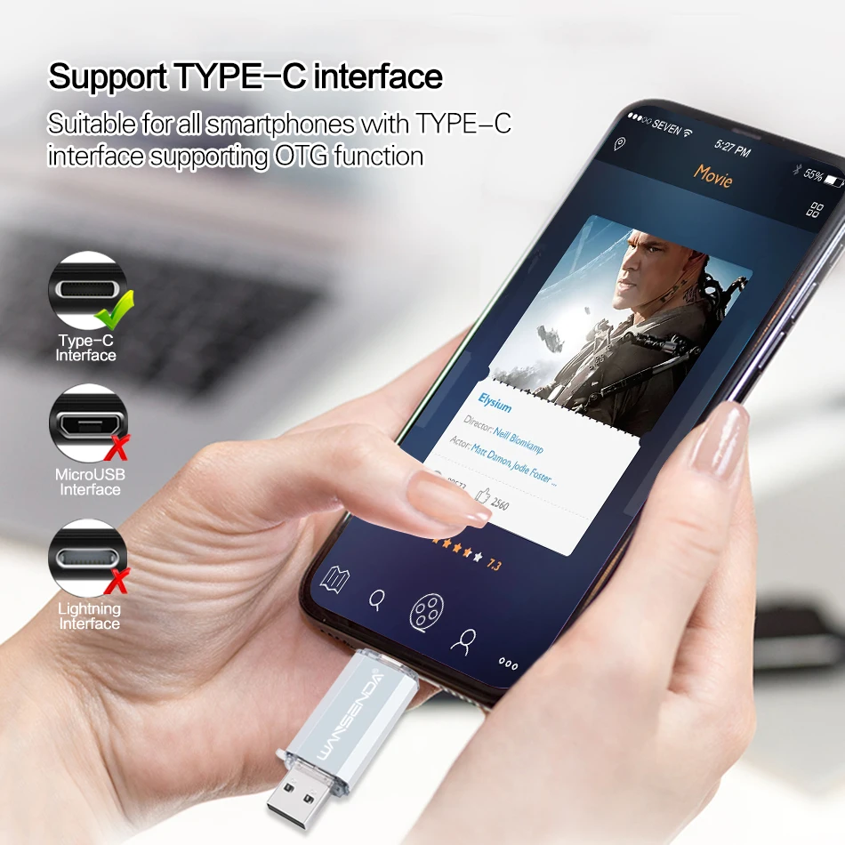 WANSENDA 128 ГБ USB-флеш-накопитель типа C, металлический флэш-накопитель, 8 ГБ, 16 ГБ, 32 ГБ, 64 ГБ, USB2.0, флэш-накопитель для Type-C Mobile/Mac/ПК