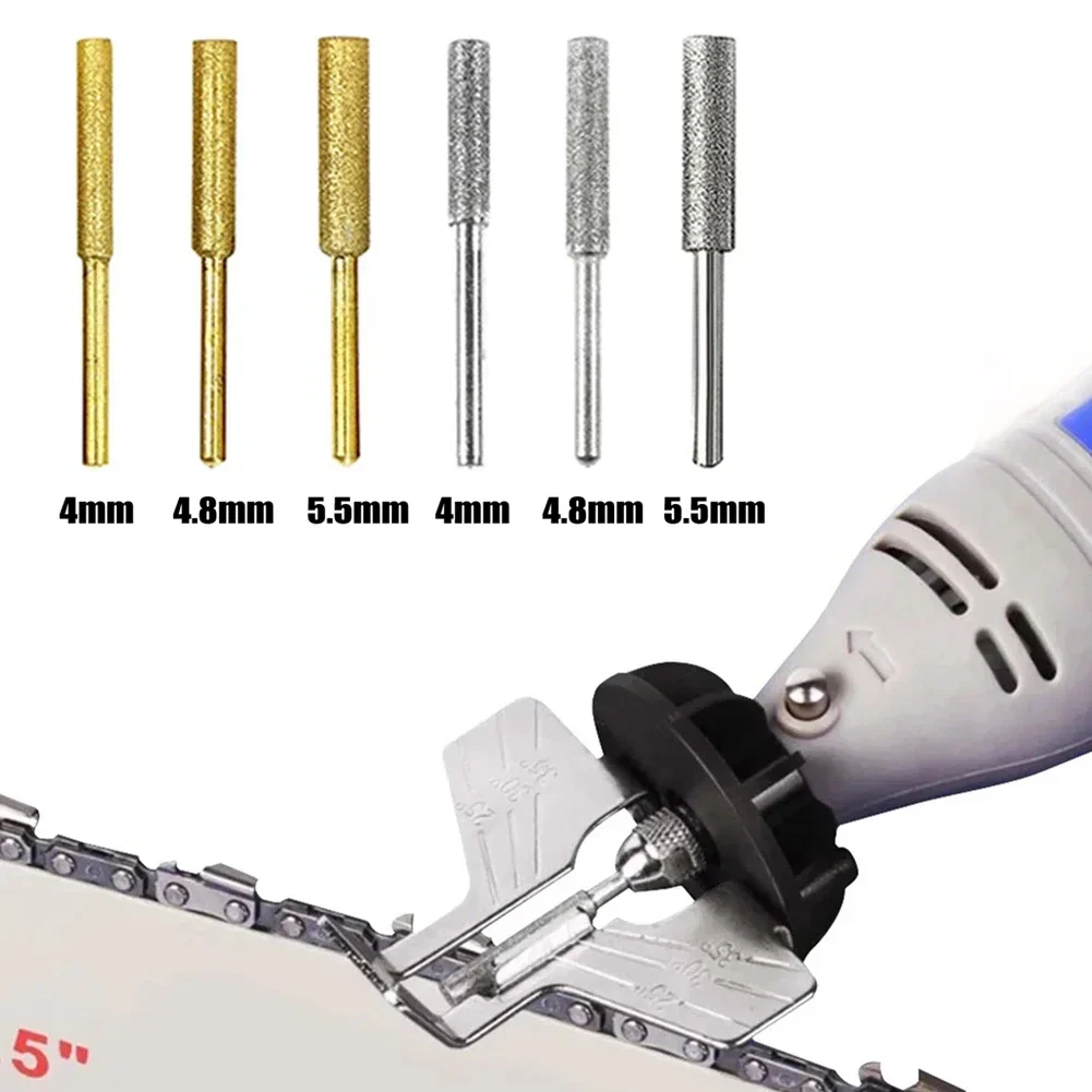 4 peças de apontador de motosserra de esmeril, cabeça de moagem revestida de diamante, rebarba cilíndrica 4.0/4.8/5.5mm, acessórios de ferramentas de moagem de arquivo