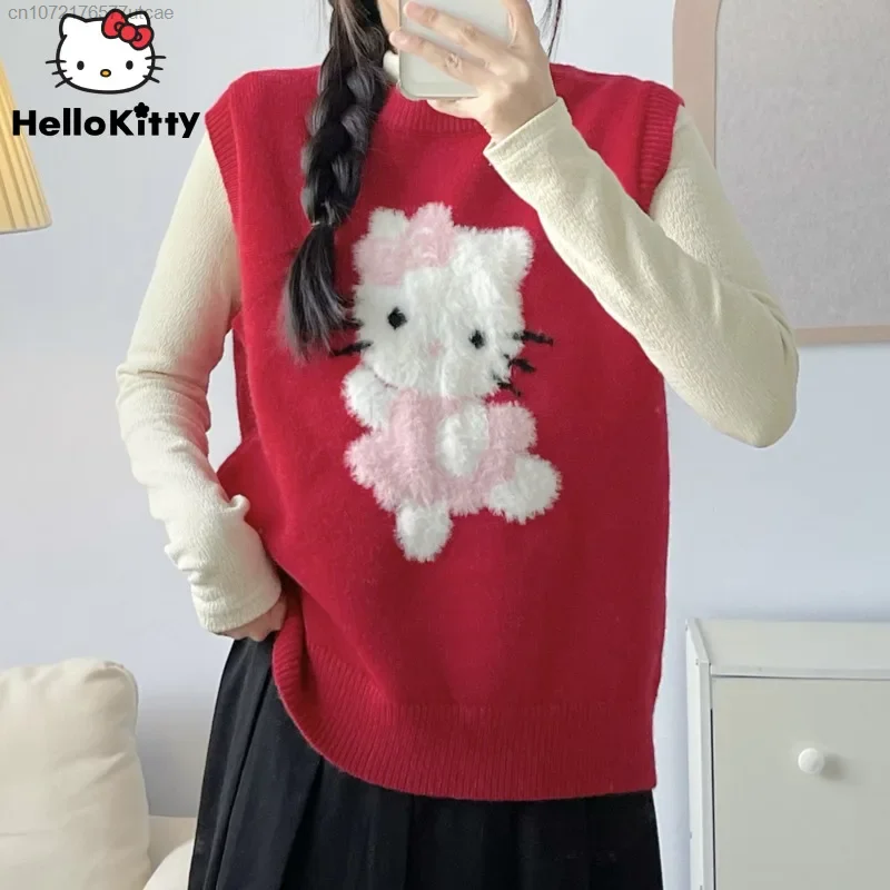 Sanrio Hello Kitty Red Sleeveless Knitted Sweater Vest Women\'s Cute Cartoon Pattern Autumn Knitwear Shirt Vest Clothes