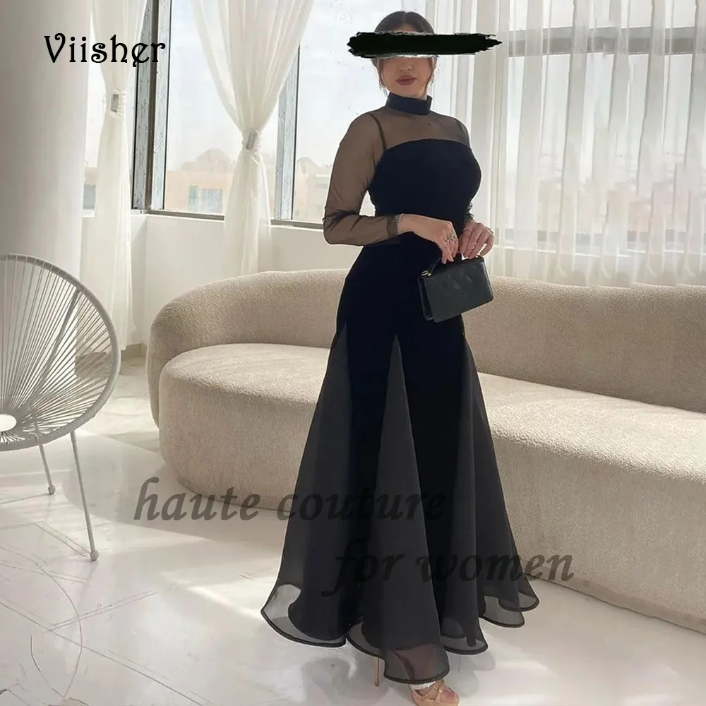 

Black Evening Dresses Long Sleeve High Neck Dubai Arabic Prom Dress Floor Length Womens Formal Party Gowns