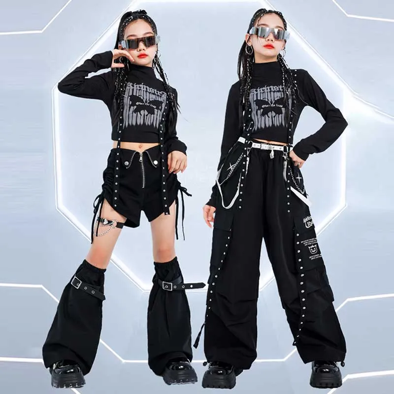 Jazz Dance Costume Girls Kpop Fashion Clothes Kids Hip Hop Clothing Children Runways Show Stage Costume Black Skirt Pants 883