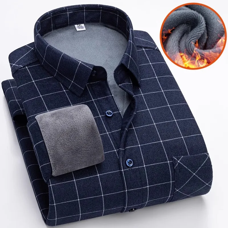 Winter New Plaid Long-sleeved Shirt Men\'s Single-breasted Square Collar Padded Shirts Fashion Slim Camisa Male Chemise L-5XL