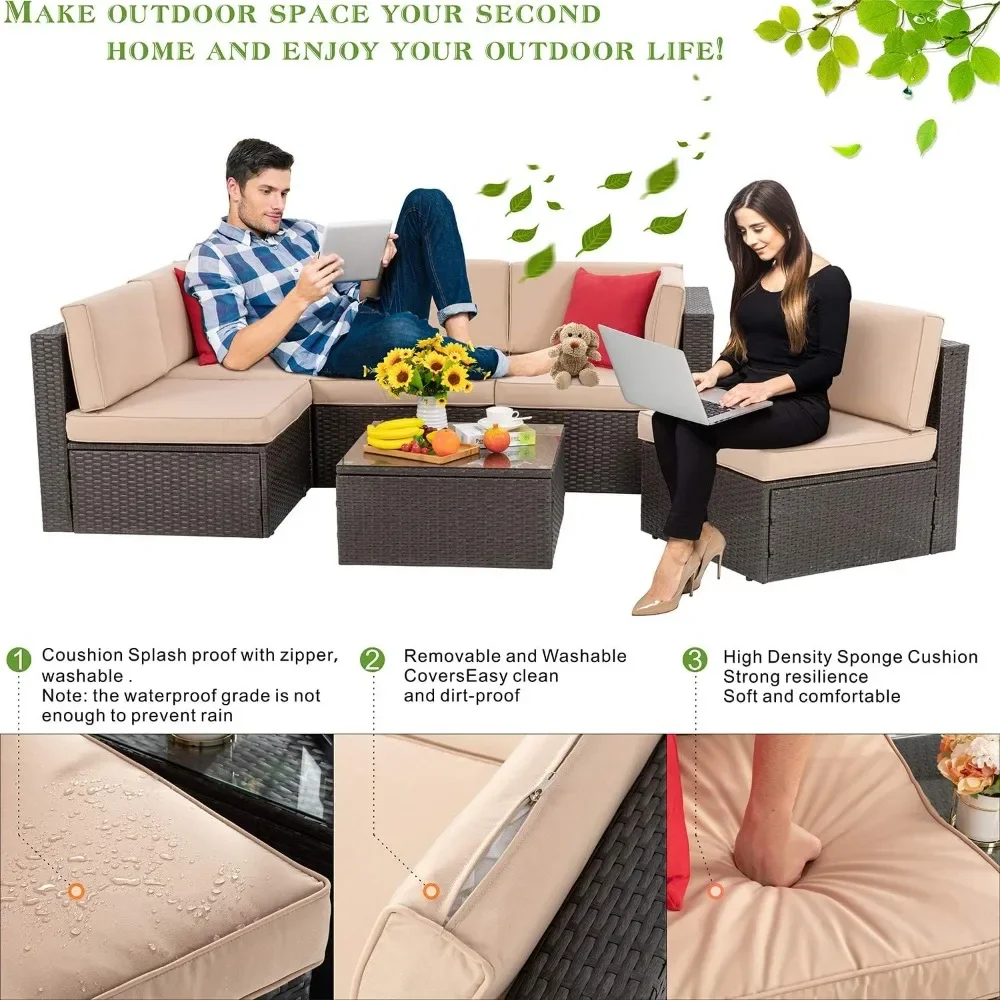 6 Piece Patio Furniture Set, PE Wicker Rattan Outdoor Modular Sofa with Glass Table, Cushions and Pillows for Garden, Backyard