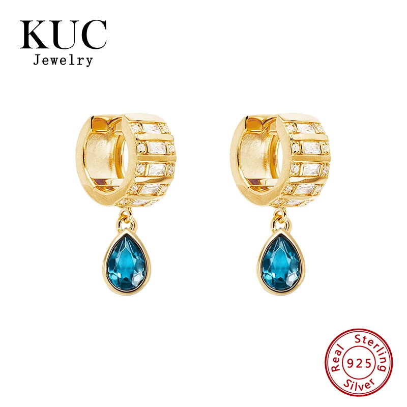 

Fine Jewelry Plata 925 Sterling Silver Trendy Fine Jewelry Designer Blue Zircon Dangle Drop Luxury Hoop Earrings
