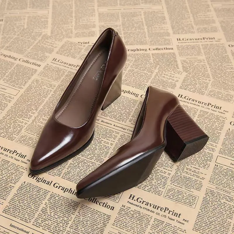 2026 New Spring Women Commuter Pumps Shoes Fashion Pointed Toe Slip On Shoes Elegant Thick Heel Work Leather Shoes