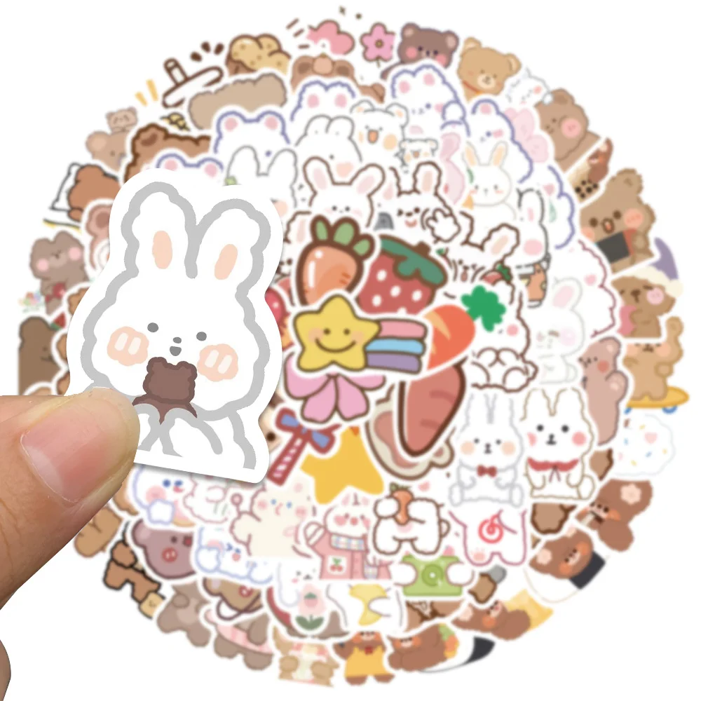 90PCS Cartoon White Bunny Rabbit Brown Bear Sticker Laptop Guitar Motorcycle Luggage Skateboard Kids Toy Stickers