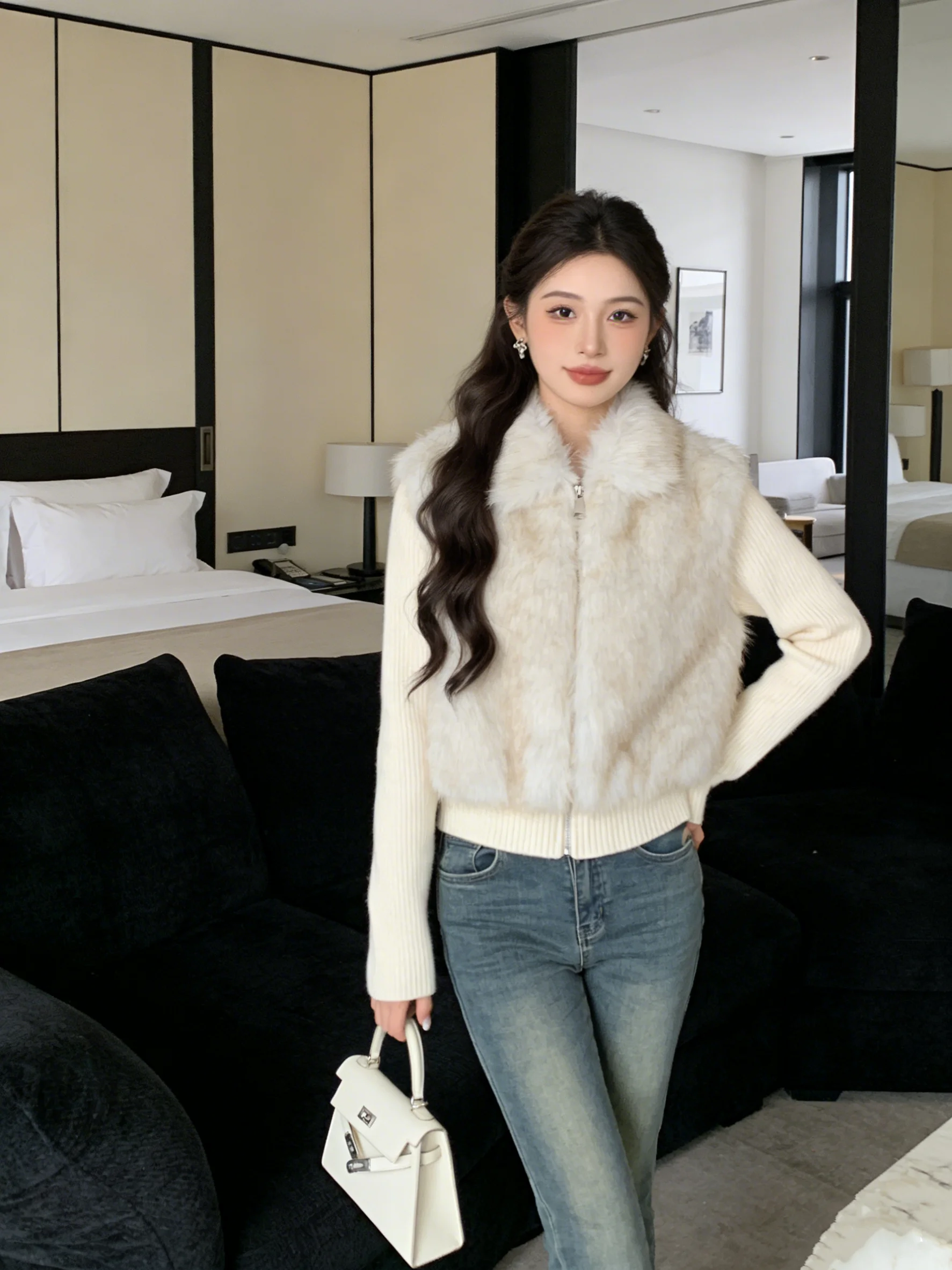 

Корейская теплая вязаная верхняя одежда с меховым воротником, женский лоскутный топ с длинными рукавами, имитация двухслойности, весенняя мода