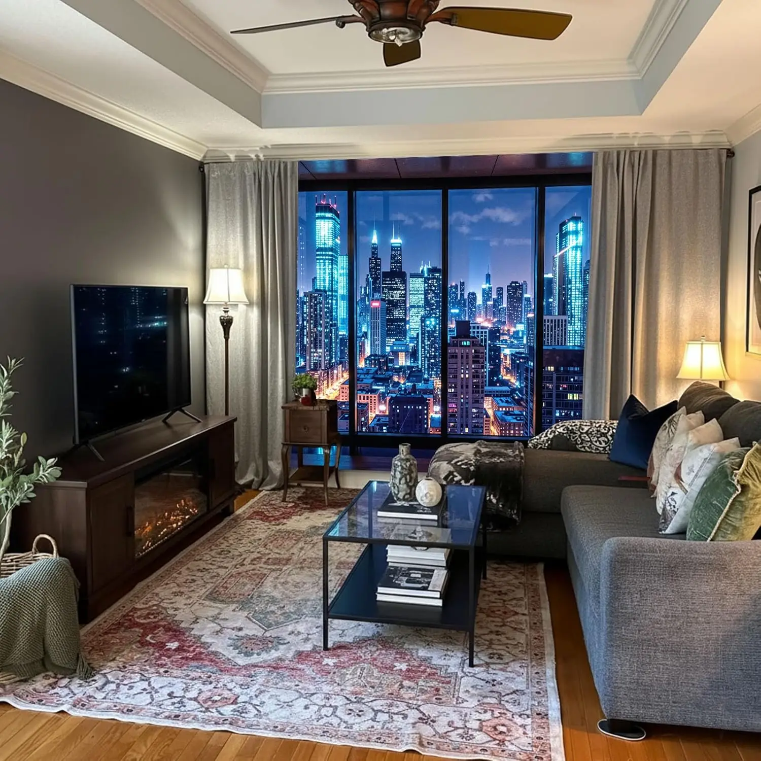 City Night Window Tapestry, Cyberpunk Skyscraper Wall Backdrop, Blue Neon Urban View Mural for Bedroom Living Room Decor