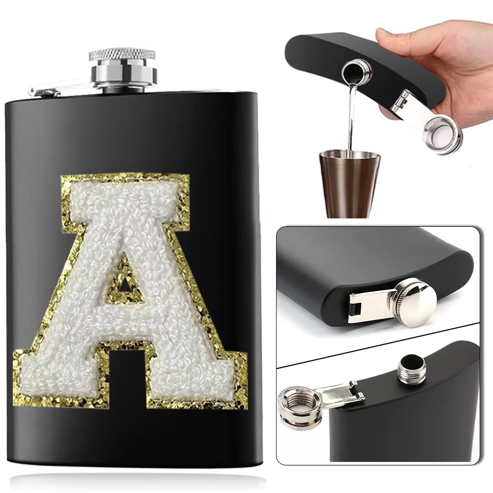 Initial Chenille Stainless Steel Flask For Men Wine Pot Pockets Water Bottle Portable Name Initials A-Z 26 Letter White Pattern