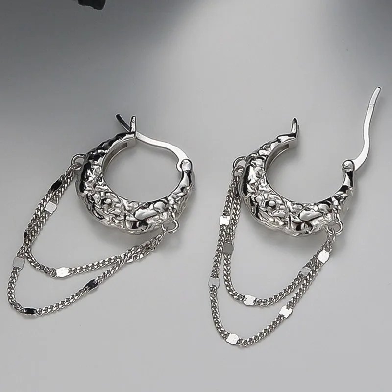 Chic Retro S925 Solid Silver Irregular Lava Texture tassel Earrings for Women's Style Jewelry image 3
