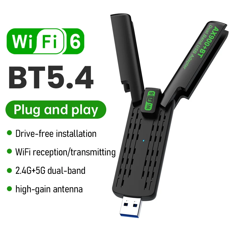 

WiFi 6 AX900 Bluetooth 5.4 WiFi USB-адаптер Беспроводная сетевая карта 2,4G и 5 ГГц Wi-Fi 4-антенна Прием USB для Win10/11 ПК/ноутбука