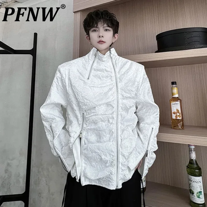 

PFNW Pleated Knurling Zipper Men's Jackets Casaul Stand Collar Patchwork Solid Color Male Loose Autumn Coats Fashion 2024 9C7500