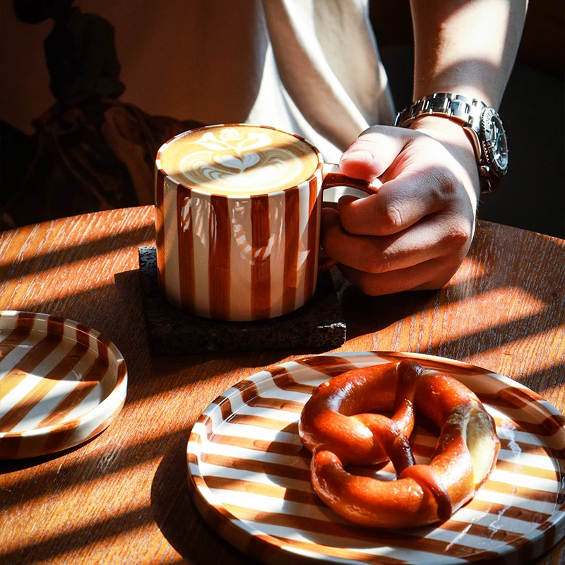 3Pcs Vintage Breakfast Teacups and Plates Ceramic Stripes Splash Ink Coffee Cups and Saucers Plate Set