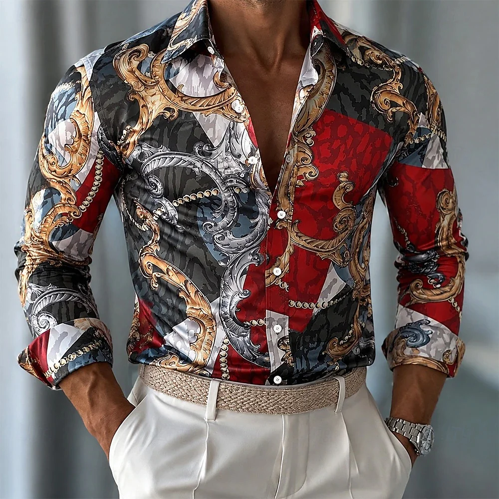 New men's Baroque long sleeved shirt, purple black European rolled grass angel 3D printed lapel party top