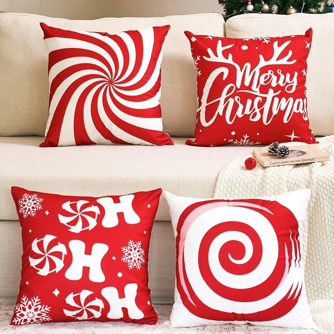 Short plush material pillowcaseFestive Red and White Christmas Pillowcases: Candy Cane & Merry Wishes sofas, bedroom pillow cove