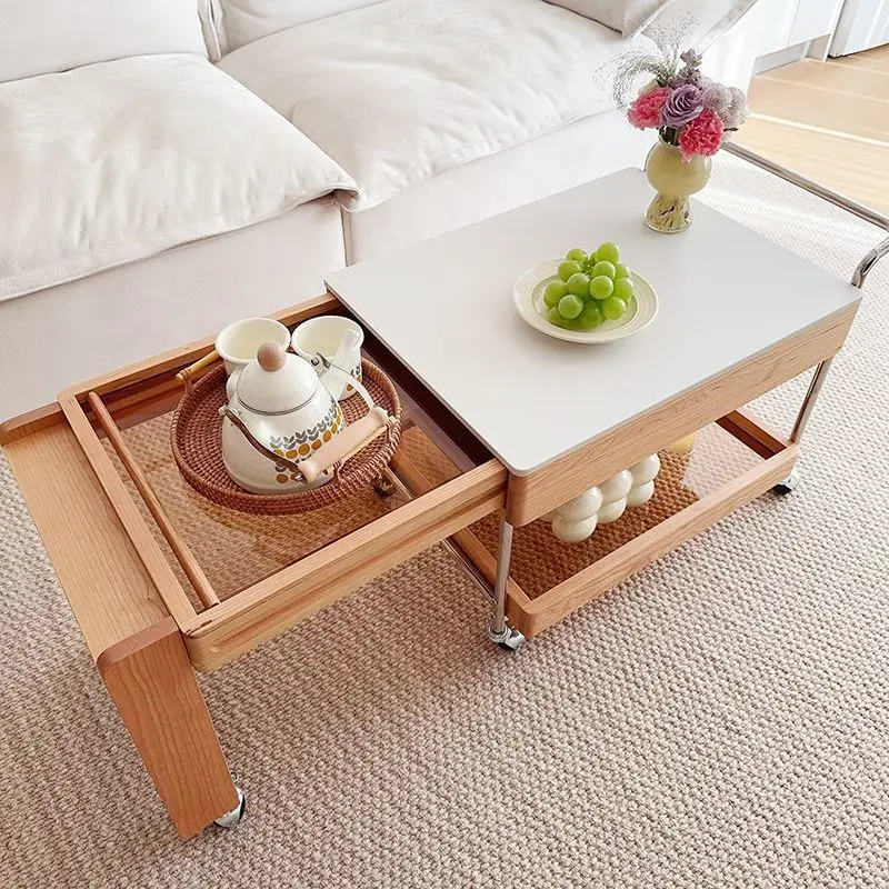 Japanese style movable coffee table sofa living room telescopic hearth tea making solid wood home cart tea table small