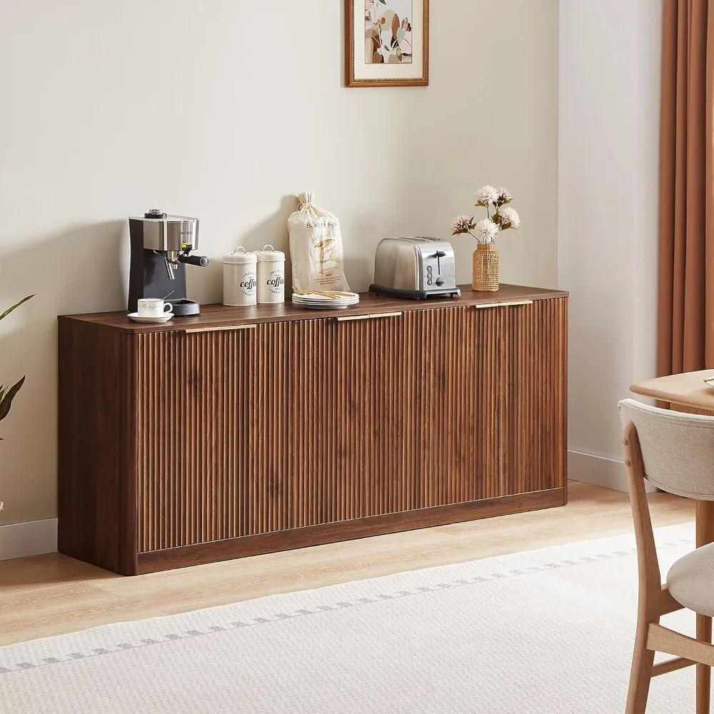 

67" Walnut Fluted Sideboard Buffet Cabinet with Storage, Large Buffet Cabinet with 6 Doors, Wood Mid Century Modern Sideboard fo