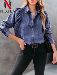 New Retro Women Shirts & Blouses Lapel Leisure Fashion Jietoufeng Denim Long Sleeved Womens Tops Elegant Loose Female Clothing