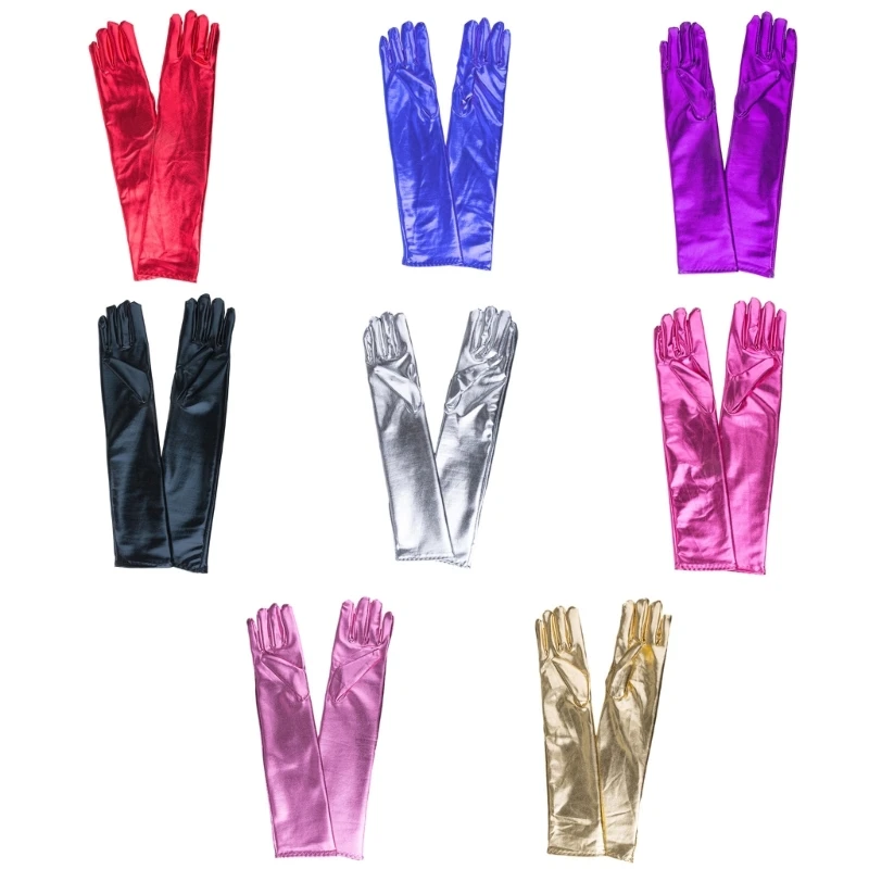 652F Women Faux Leather Metallic Gloves Wetlook 17inch Elbow Length Long Gloves for Evening Costume Pageant