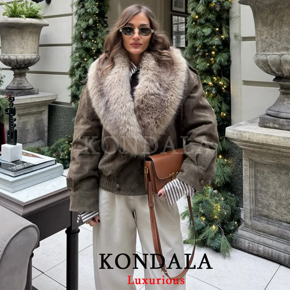 Kondala casual chique verde camurça jaquetas femininas com decote em v gola de pele botões duplos casacos moda 2026 primavera streetwear outwears