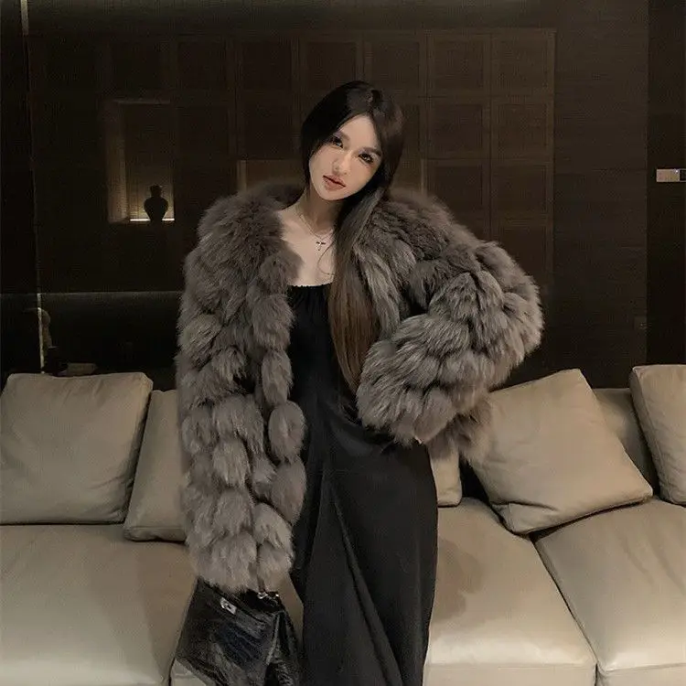 Luxury Winter 3D Hairballs Sewed Faux Mink Fur Jacket Imitation Fox Fur Fluffy Coat Splicing Flocking Cardigan Furry Balss Tops