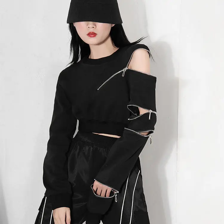 2022 Autumn Hoody Loose Streetwear Chiffon Asymmetrical Pullovers Full Solid O-Neck Girls Hoody Street Style Euro-America Style