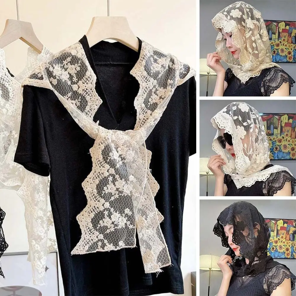 

Summer Embroidery Lace Hat Scarf 2 IN 1 Fairy Sun Protection Cap Sweet Thin Neckerchief for Women