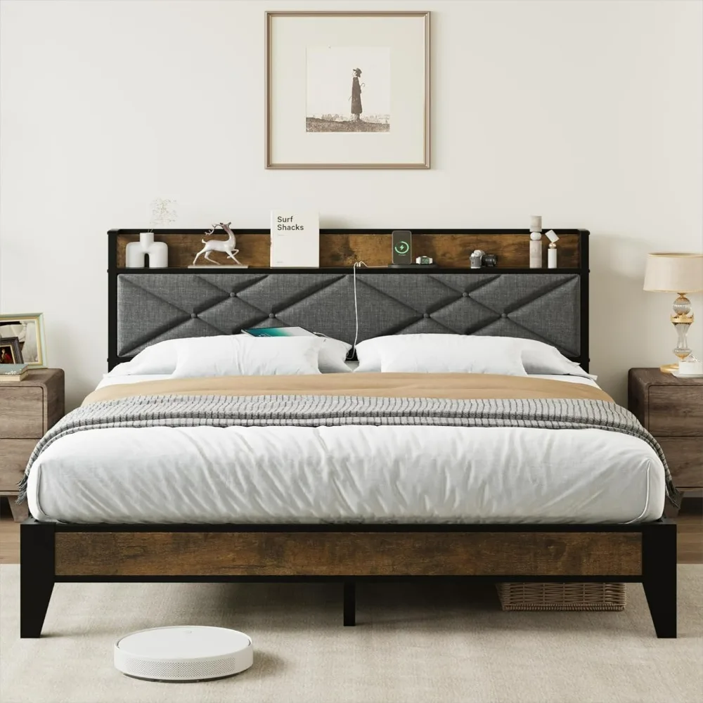 

IDEALHOUSE King Size Bed Frame with Storage Headboard, Platform Bed with Charging Station, Solid Metal Bed Frame, No Box Spring