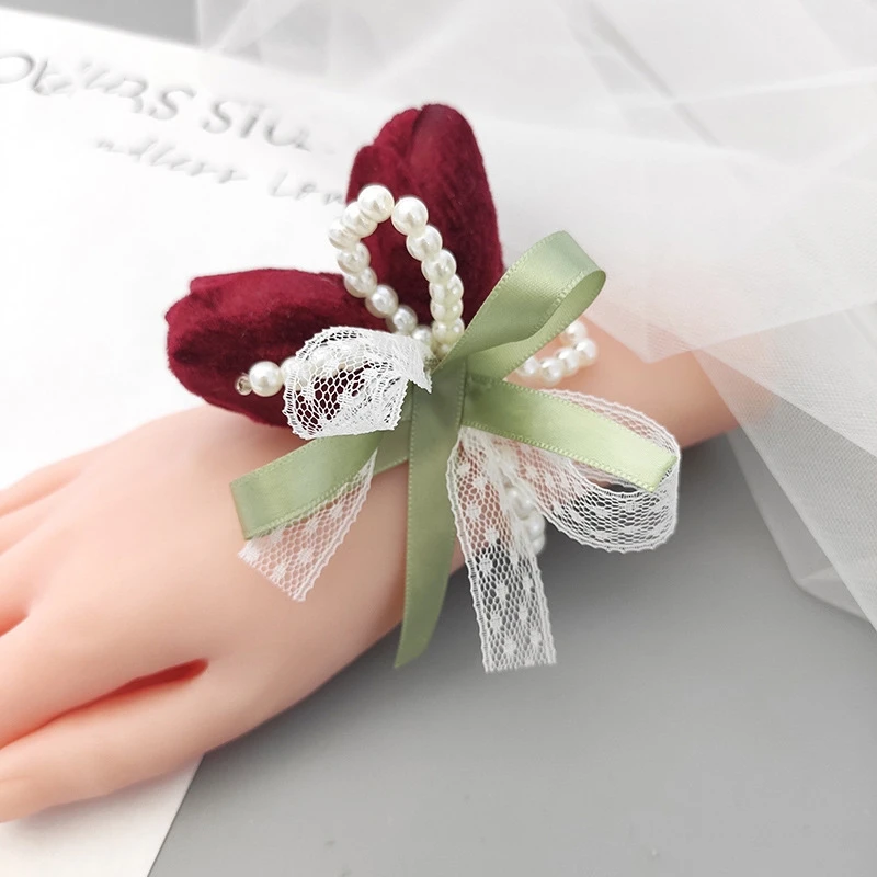 Bride Bridesmaid Velvet Tulip Corsage Wrist Flower Groom Bridal Elegant Bracelet Hand Flower Boutonniere Wedding Accessories