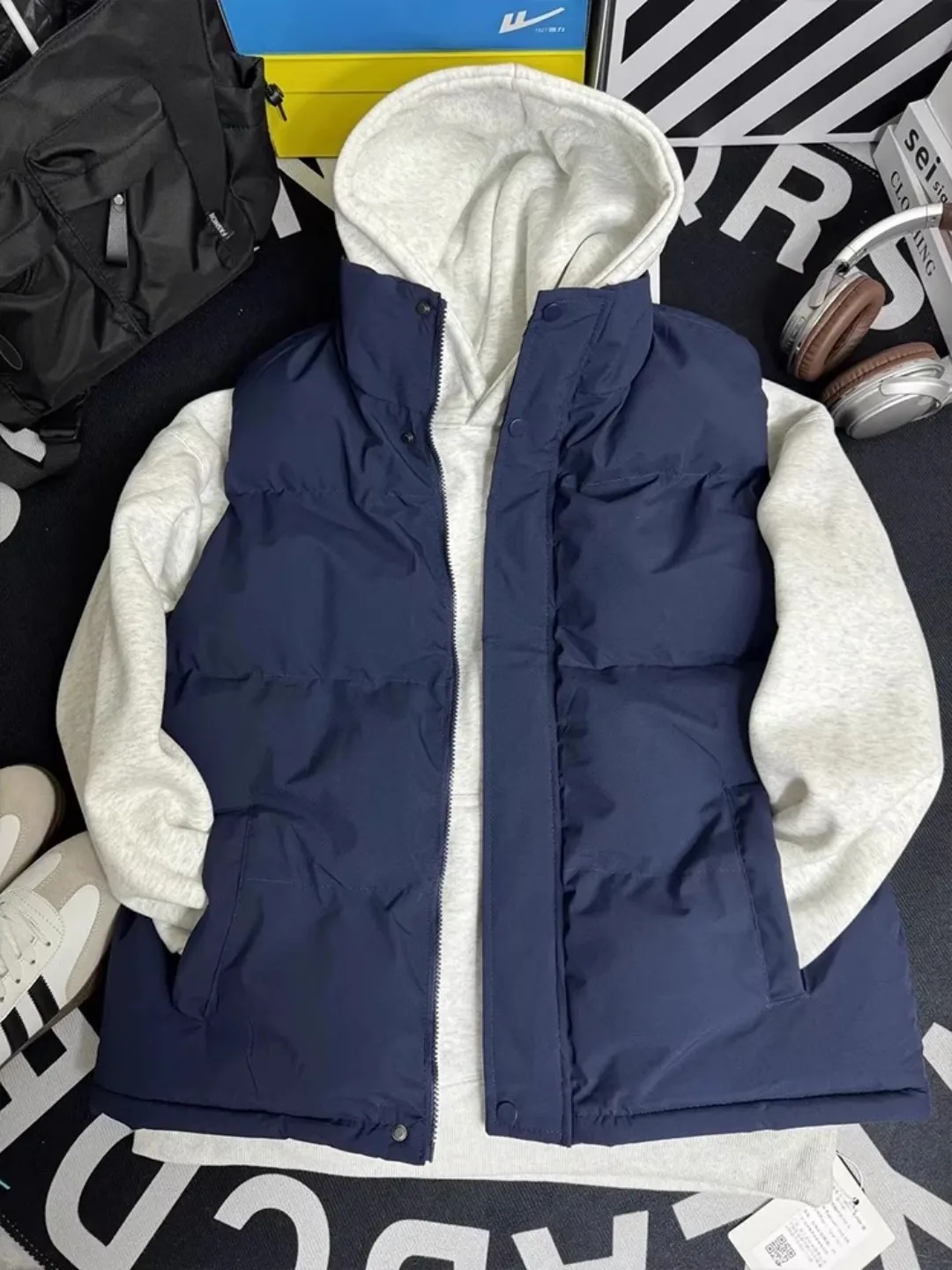 

Мужской хлопковый жилет Cleanfit American Style с воротником, синий, на молнии, для многослойного ношения