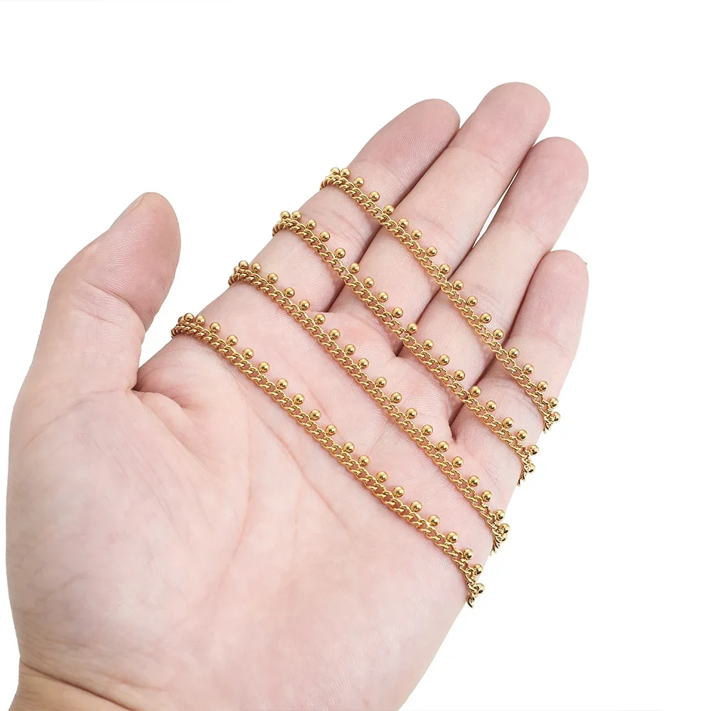 1Meter Stainless Steel Curb Link Chains with Gold Drop Ball Crafts Beaded Chain Bulk DIY Jewelry Necklace Anklet Bracelet Making