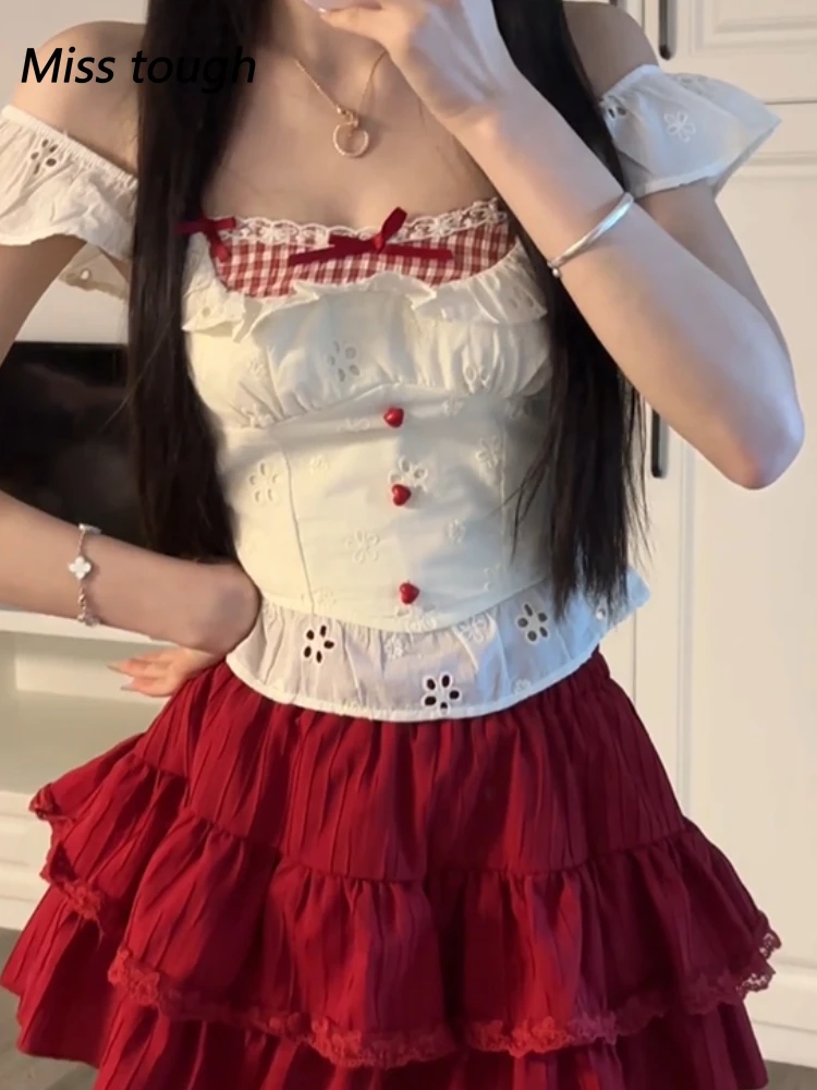 

Милый винтажный комплект из двух предметов Cottagecore, женский укороченный топ с рюшами и многоярусная юбка с отделкой в клетку, летний наряд с кружевной отделкой и бантом