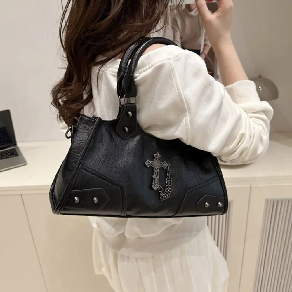 

PU Leather Gothic Cross Crossbody Bag Retro American Style Fashion Design Locomotive Style Underarm Bag Korean Style Solid Color