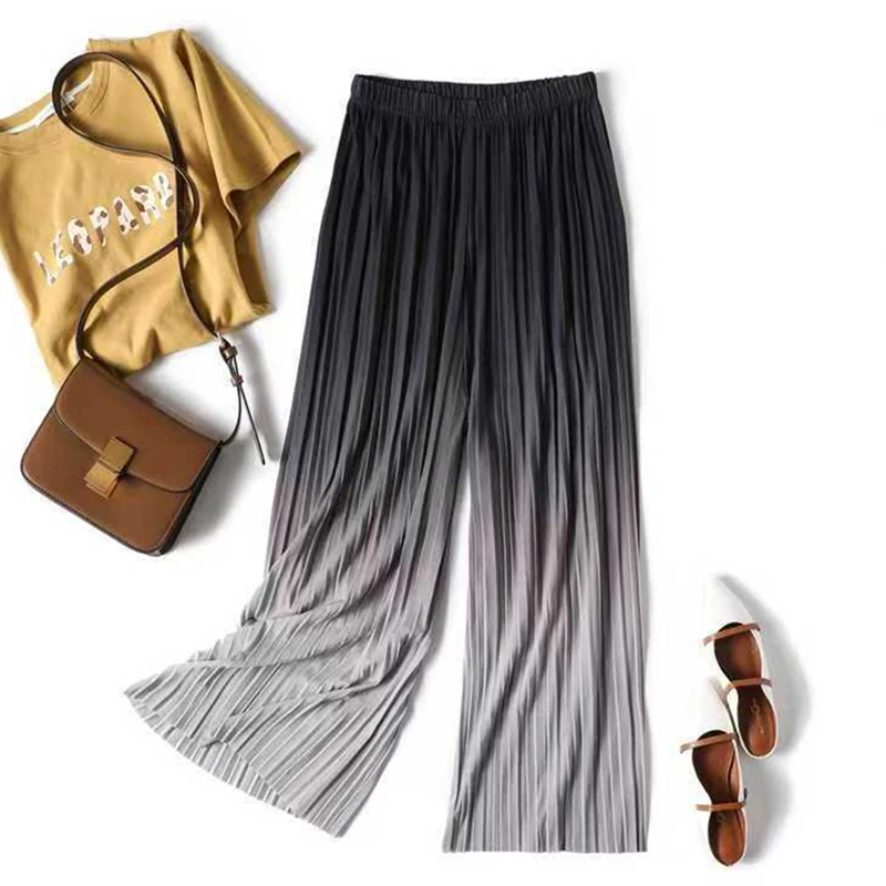 Gradient Color Pleated Wide Leg Pants Women Bottoms Summer Straight Pants Casual Loose Elastic High Waist Trousers