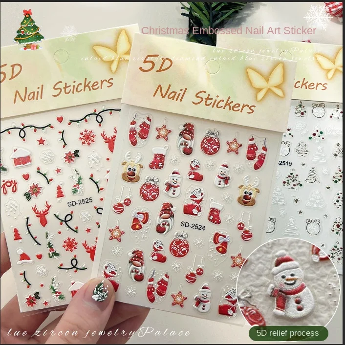 1pcs Christmas 5D Embossed Nail Art Stickers, with Cute Snowmen Reindeer & Christmas Elements Create Stereo Xmas Nail Decoration