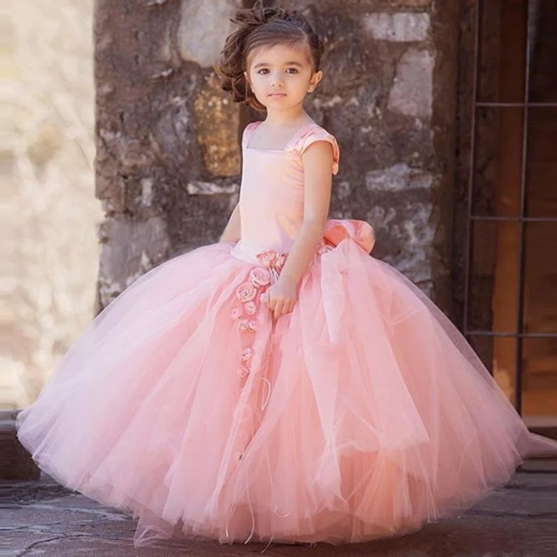 

New Cute Pink Flower Girl Dress Tulle Puffy Ball Princess Dress Party Birthday First Communion Gown