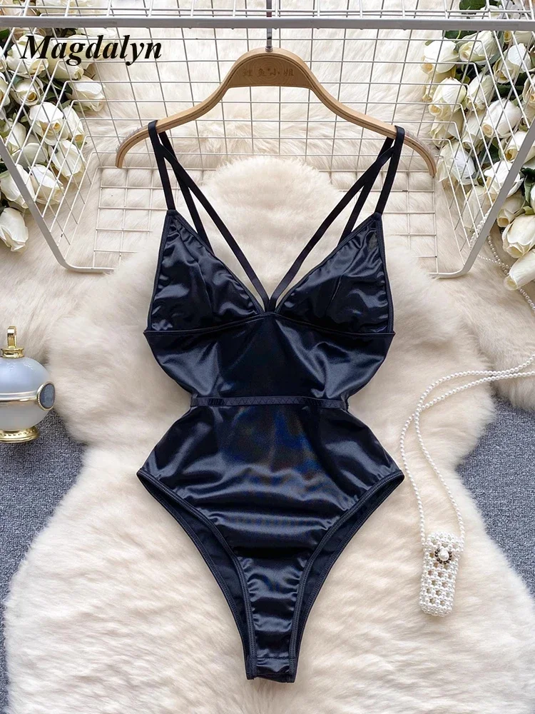 

Magdalyn Women's Sexy Solid Satin Jumpsuit Hollowed Slim Strappy Bodysuits Bodycon Backless Fashion One Piece Combination Romper