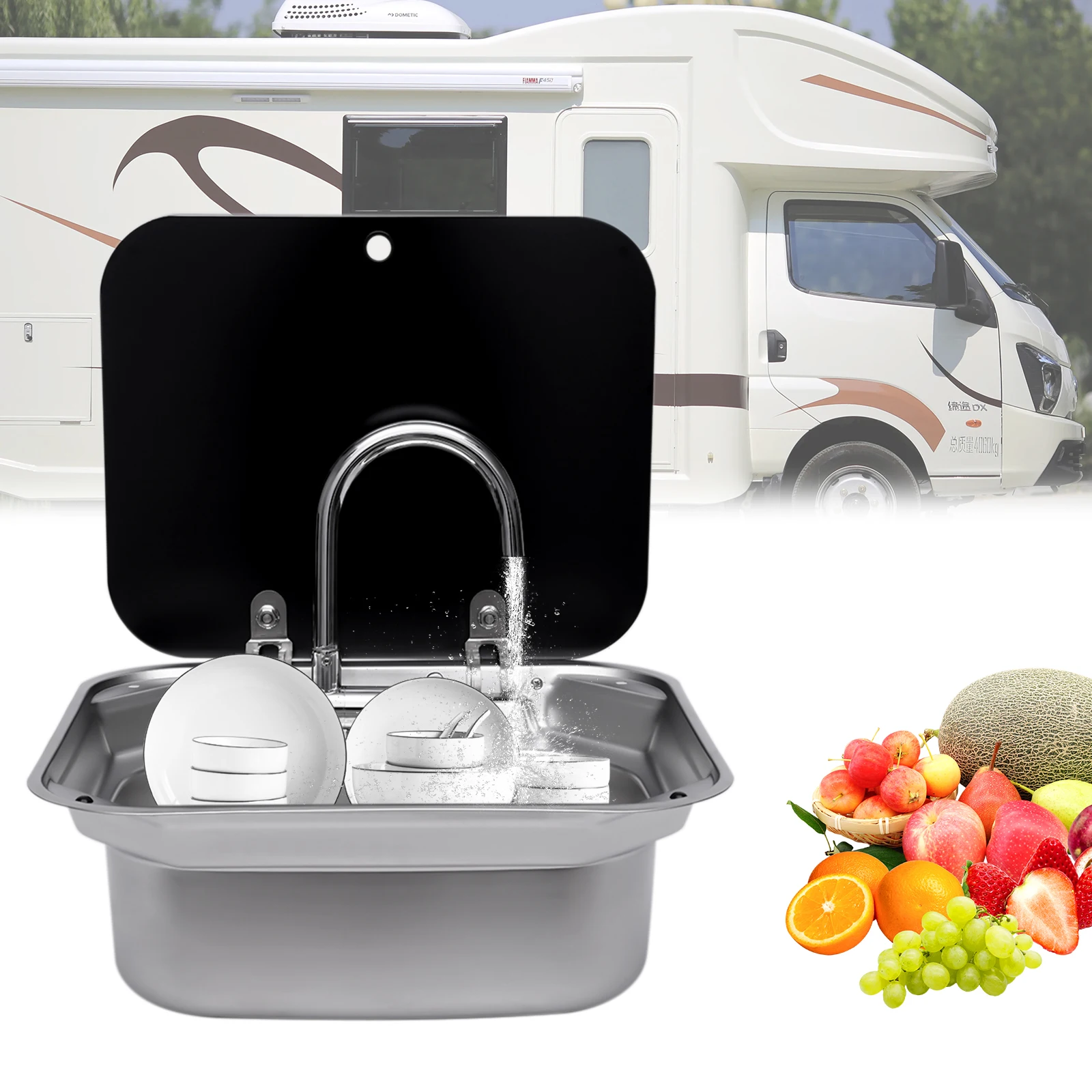 

RV Sink Console Single Bowl Stainless Steel Kitchen Hand Wash Basin w/Folded Faucet+Tempered Glass Lid for Caravan Camper Boat