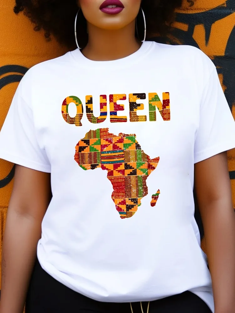 

Женская футболка с узором африканской королевы Ките, смелая королева с надписями и яркая африканская карта, повседневный топ с короткими рукавами и круглым вырезом