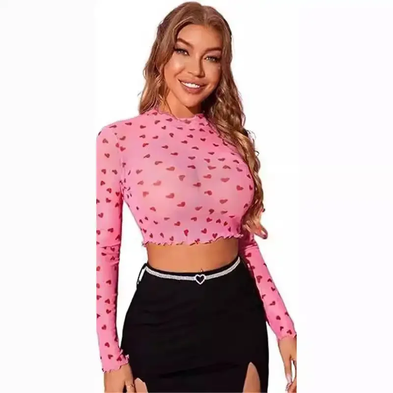 2024 Women's Long sleeved Perspective Mesh Open Navel T-shirt Top Printed Summer Spring Transparent Top