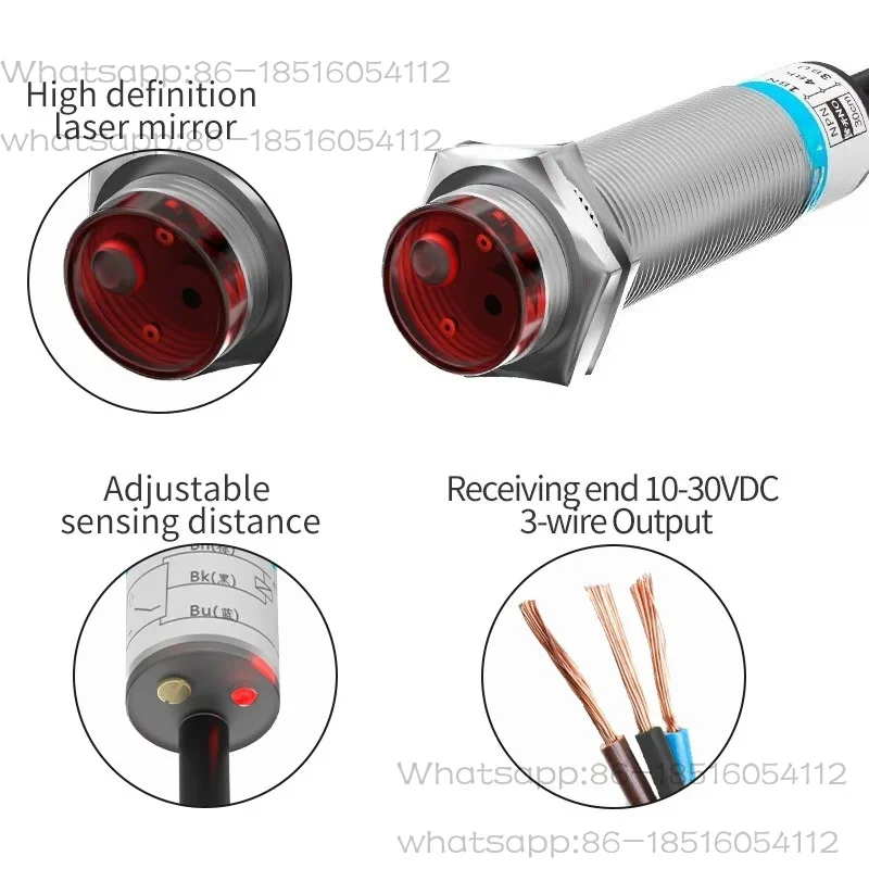 Laser Photoelectric Sensor Retro-reflective M12 Series 10-30V NPN PNP Visible Spot 2mm Sensing Distance 6M Adjustable