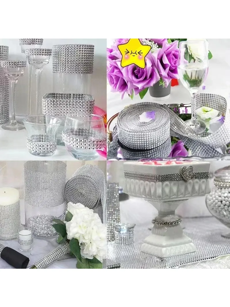 1 Yard 32 Row Silver Mesh Drill Sparkling Diamond Mesh Wrap Rhinestone Ribbon Wedding Supplies Home Decoration DIY Accessories