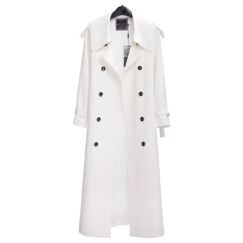 White Windbreaker Women\'s Long 2023 Spring New Wang Ou Star Same European and American Fashion Double breasted Button Slim Coat