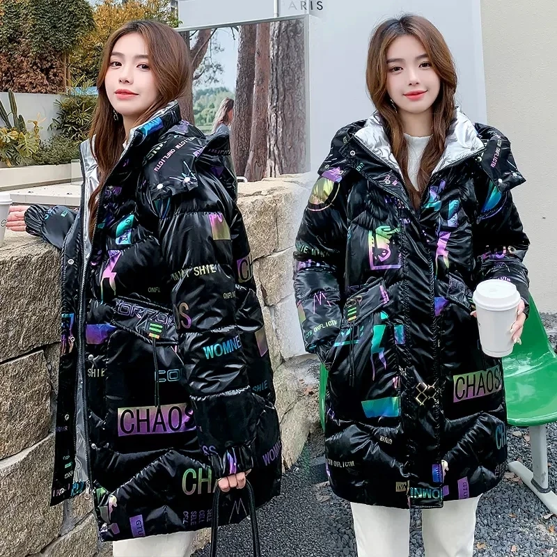 Shiny Down Padded Jacket Women\'s Mid-length 2023 New Winter Loose Printing Fashionable Women\'s parkas