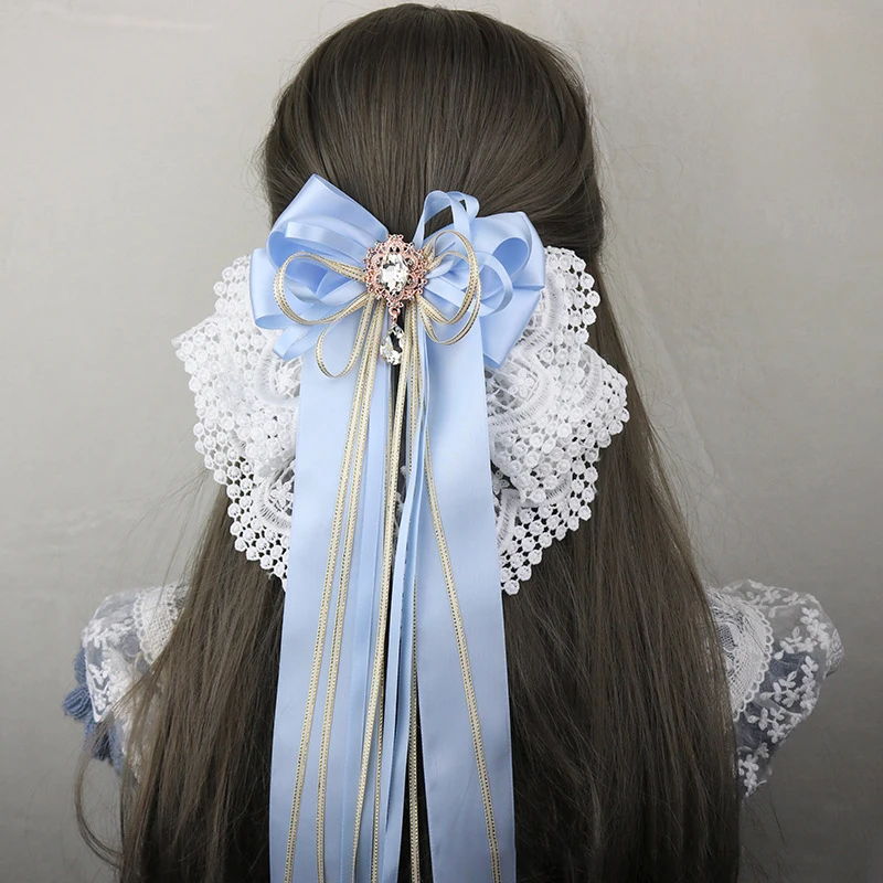 

New Sweet Large Bowknot Embroidered With Lace Hair Clip Lolita Long Ribbon Hairpin Ponytail Hair Bands Hair Accessories