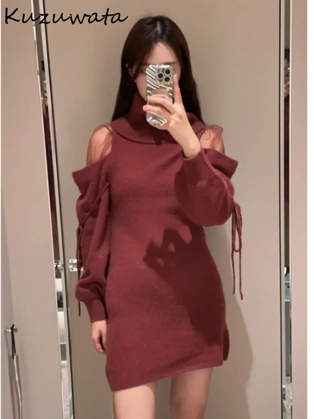 Kuzuwata Feminine Turtleneck Lantern Sleeve Knit Vestidos Lace Up Off Shoulder Elegant Office Lady Dress Japan Voile Casual Robe