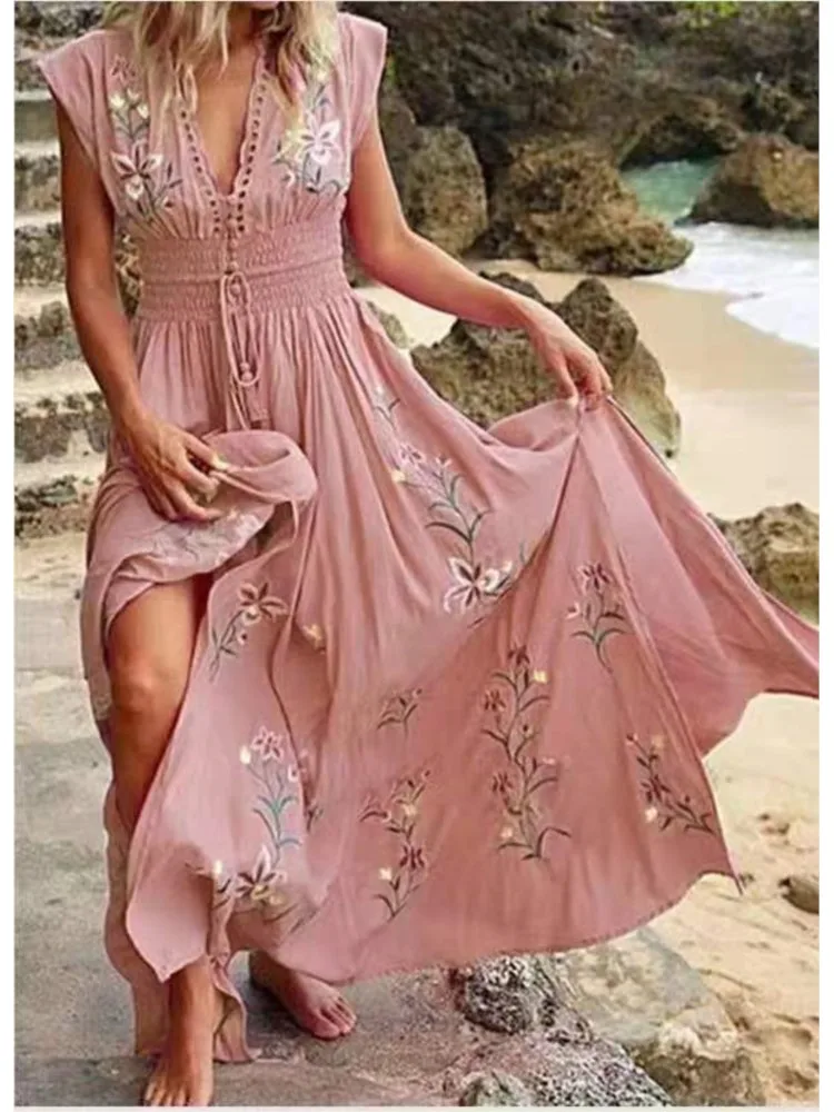 Casual Print V Neck Dress For Women Fashion Sleeveless High Waist Lace-up Loose Long Dresses Lady Holiday Beach Party Boho New
