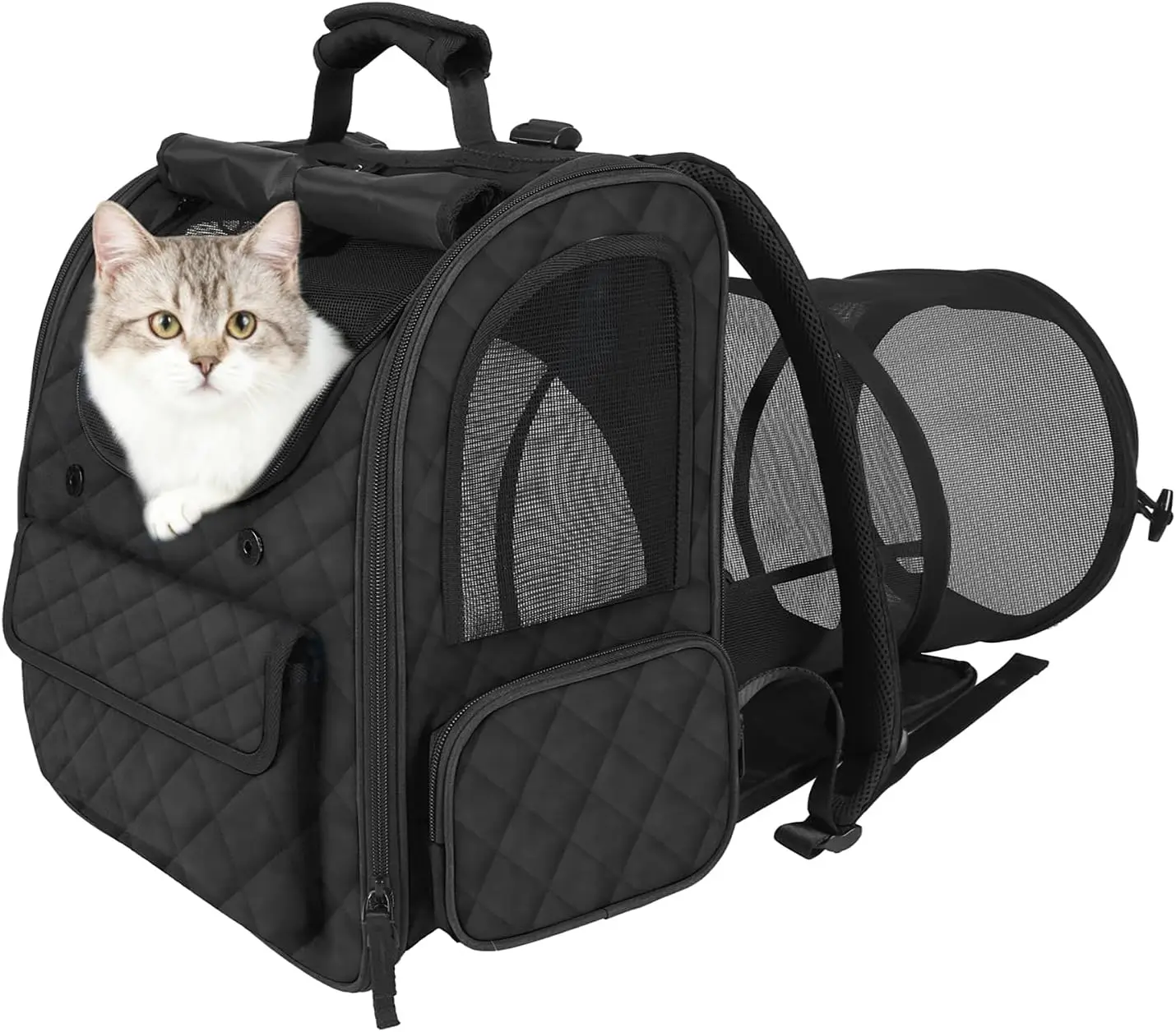 

Expandable Cat Backpack Carrier with Breathable Mesh for Small Pets Under 15lbs, Multiple Pockets for Travel Hiking in Black