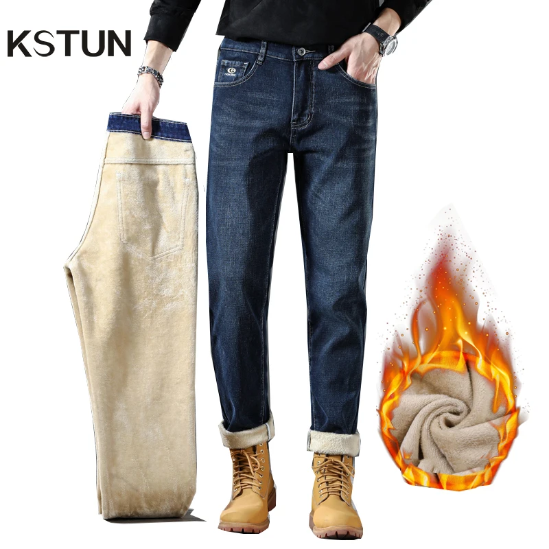 

2024 Winter Jeans Men Fleece Thicken Men's Jeans Stretch Straight Slim Dark Blue Male Warmer Trousers Full Length Streetwear